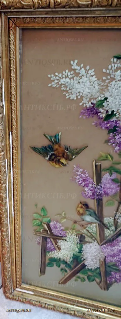 Картины старинные парные "Сирень и птицы", "Букет роз и бабочки". Роспись маслом по стеклу. Нач. ХХ века. №21300/21917